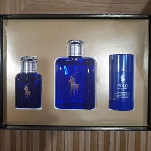 POLO BLUE by Ralph Lauren 3 Piece Gift Set with 4.2 oz 1.3 Oz And Deodorant